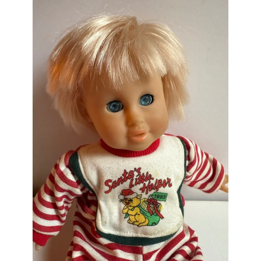Vintage 1993 Santa's Little Helper Baby Doll Red Striped Sleeper 12 Inch